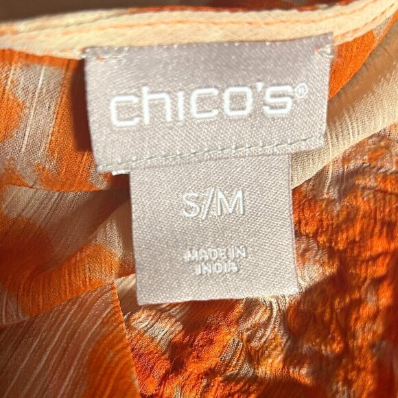 Chico's SZ S/M Orange print crochet trim Poncho Boho Chic Fairy Resort Artsy - Picture 5 of 5